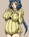  1girl belly blue_hair blush breast_hold breasts dooru green_eyes gundam gundam_build_fighters hips huge_breasts iori_rinko large_breasts long_hair lowres milf oekaki ponytail pregnant ribbed_sweater smile solo sweater turtleneck wide_hips 