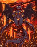  atryl black_body blood breasts claws demon fangs female hair horn hovering invalid_tag lava looking_at_viewer red_hair rocks slit_pupils smirk solo unconvincing_armor wings yellow_eyes 