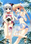  2girls absurdres ball barefoot beach beachball bikini blonde_hair blue_eyes copyright_request highres hinamatsuri_touko imouto_smile long_hair multiple_girls nonaka_shiki polka_dot polka_dot_bikini polka_dot_swimsuit purple_eyes silver_hair swimsuit tsukino_koyomi twintails very_long_hair 