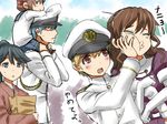  3girls admiral_(kantai_collection) ashigara_(kantai_collection) bag brown_hair carrying cheek_squash elbow_gloves folded_ponytail gloves hat houshou_(kantai_collection) inazuma_(kantai_collection) ishii_hisao japanese_clothes kantai_collection little_boy_admiral_(kantai_collection) long_hair military military_uniform multiple_boys multiple_girls naval_uniform o3o open_mouth paper_bag peaked_cap ponytail pushing_away pushing_face school_uniform serafuku short_hair shoulder_carry translated uniform 