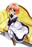  alternate_costume apron blush bob_cut boots brown_hair couch enmaided glasses highres kuriyama_mirai kyoukai_no_kanata maid maid_headdress mizuki_(mizuki_ame) pantyhose red-framed_eyewear short_hair sitting solo white_legwear yellow_eyes 