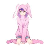  animal_ears animal_hood aqua_eyes blue_hair bunny_hood hood hoodie idolmaster idolmaster_million_live! mochizuki_anna riyo_(riyontoko) sitting smile socks solo 