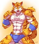  abs anthro biceps big_muscles body_markings brown_fur bulge chest_tuft fangs feline fur grin looking_at_viewer male mammal markings muscles nipples open_mouth orange_eyes pecs pink_nose pose rabbity smile solo speedo standing stripes swimsuit tan_fur teeth tiger toned tongue topless tuft white_fur wristband 