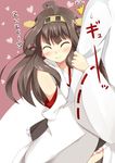  admiral_(kantai_collection) ahoge arm_hug braid brown_hair chaa_(korone-ze) closed_eyes detached_sleeves hairband japanese_clothes kantai_collection kongou_(kantai_collection) nontraditional_miko smile sweatdrop thighhighs translated wide_sleeves 
