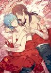  adam's_apple artist_name bandages black_hair blanket blue_hair branch cherry_blossoms dramatical_murder eye_contact flower gu-akira interlocked_fingers koujaku long_hair looking_at_another male_focus multiple_boys nipples pants petals pillow red_eyes scar seragaki_aoba shade shirtless smile spooning tassel tattoo toned toned_male tree_shade unbuttoned watermark web_address yaoi yellow_eyes 