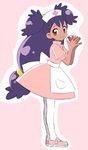  1girl apron brown_eyes dark_skin dress ears happy hat heart iris_(pokemon) joy_(pokemon) joy_(pokemon)_(cosplay) legwear long_hair nintendo nurse nurse_cap poke_ball pokeball pokemon pokemon_(anime) pokemon_(game) pokemon_bw purple_hair shoes smile solo very_long_hair white_legwear 