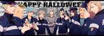  cuffs doughnut food formaggio gelato ghiaccio gun halloween hanaichi_(hana13) handcuffs happy_halloween hat highres illuso jojo_no_kimyou_na_bouken melone multiple_boys pesci police police_hat police_uniform prison_clothes prosciutto risotto_nero sorbet uniform walkie-talkie weapon 