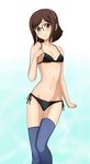  bikini black_bikini blue_legwear blush breasts brown_eyes brown_hair collarbone crotch_seam glasses gundam gundam_build_fighters hairband highres kenken kousaka_china light_smile looking_at_viewer navel over-rim_eyewear red-framed_eyewear semi-rimless_eyewear short_hair side-tie_bikini small_breasts solo swimsuit thigh_gap thighhighs underboob 