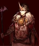  black_hair cape dragon's_dogma forehead_protector fur_cape horn kokutan_kitsunen male_focus pawn_(dragon's_dogma) purple_eyes sketch solo staff 