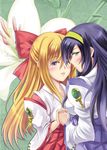  blonde_hair blue_hair bow floral_background flower hair_bow hairband himemiya_chikane holding_hands interlocked_fingers japanese_clothes kannazuki_no_miko kurusugawa_himeko lily_(flower) long_hair miko multiple_girls open_mouth parted_lips ryo_(sora-ryu) sideways_glance smile yellow_hairband yuri 