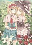 :t alice_margatroid aqua_dress blonde_hair blue_eyes book capelet dress flower gajiemoxia hairband hand_on_another's_neck hat hat_ribbon kirisame_marisa lily_(flower) lolita_hairband long_hair multiple_girls necktie open_book pout puffy_short_sleeves puffy_sleeves ribbon rose short_hair short_sleeves sitting skirt skirt_set touhou witch_hat wrist_cuffs yellow_eyes yuri 