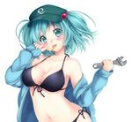  aqua_eyes aqua_hair bad_id bad_pixiv_id bikini black_bikini blue_eyes blue_hair blush breasts cleavage etou_(cherry7) front-tie_top hair_bobbles hair_ornament hat highres jacket kawashiro_nitori key large_breasts long_sleeves looking_at_viewer mouth_hold navel off_shoulder open_clothes open_jacket parted_lips short_hair side-tie_bikini simple_background solo strap_gap swimsuit touhou two_side_up white_background wrench 