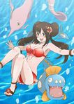  1girl armpits bikini breasts bubble bubbles cleavage collarbone fangs flower gorebyss green_eyes hair_flower hair_ornament happy huntail knees legs mei_(pokemon) midriff navel niku_(dance-siva) nintendo open_mouth pokemon pokemon_(game) pokemon_bw pokemon_bw2 ribbon sandals swimsuit tongue underwater water wristband 