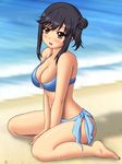  barefoot beach bikini black_hair blush breasts brown_eyes cleavage highres ichijou_hotaru kimuti-g large_breasts long_hair non_non_biyori o-ring o-ring_top solo swimsuit 