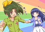  aoki_reika blue_dress blue_eyes blue_hair dress eyelashes green_eyes green_hair green_shirt hair_ornament hair_ribbon hair_tubes holding_hands kuga_yoshito midorikawa_nao multiple_girls ponytail precure rainbow_background ribbon shirt sleeves_rolled_up smile_precure! translated 