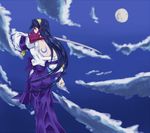  bare_back blue blue_hair cloud crescent_moon full_moon hakama harunonanashiki himemiya_chikane japanese_clothes kannazuki_no_miko katana long_hair looking_away mask moon off_shoulder purple_hakama sky solo standing sword tattoo weapon 