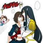  ? an_g328 black_hair blue_eyes blue_sailor_collar brown_hair chin_grab epaulettes eye_contact hair_ornament hairclip junketsu kill_la_kill kiryuuin_satsuki long_hair looking_at_another mankanshoku_mako matoi_ryuuko midriff multicolored_hair multiple_girls navel sailor_collar school_uniform senketsu serafuku short_hair skirt suspenders translated two-tone_hair yuri 