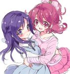  :d aida_mana blue_eyes blue_hair blush bow dokidoki!_precure hishikawa_rikka hug multiple_girls open_mouth pink_bow pink_eyes pink_hair precure short_hair simple_background sketch smile white_background yukiwo 