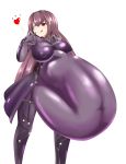  1girl absurdres bodysuit breasts covered_navel fate/grand_order fate_(series) female from_side gae_bolg hair_between_eyes hair_intakes hearts highres holding holding_weapon large_breasts lips long_hair looking_at_viewer neck pauldrons polearm purple_bodysuit purple_hair red_eyes scathach_(fate)_(all) scathach_(fate/grand_order) skin_tight solo stomach_bulge tongue type-moon v-neck very_long_hair vore waist_cape weapon white_background 
