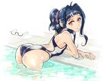 ahoge ass back bangs bent_over blue_hair blue_swimsuit blunt_bangs blush competition_swimsuit crossed_arms dokiyuri eyewear_removed flat_chest from_side glasses high_ponytail kakumeiki_valvrave long_hair looking_at_viewer looking_back lying nobi_marie on_stomach one-piece_swimsuit pink_eyes ponytail pool scrunchie short_hair sidelocks swimsuit tile_floor tiles wading water wet 