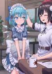  2girls :d ^_^ alternate_costume apron arm_up bangs belt black_belt black_hair black_neckwear black_ribbon black_skirt blinds blue_bow blue_dress blue_eyes blue_hair blush bow breasts chair cirno closed_eyes commentary_request cup dress enmaided eyebrows_visible_through_hair eyes_closed feet_out_of_frame frilled_apron frilled_shirt_collar frills hair_between_eyes hair_bow hair_ribbon hand_on_another&#039;s_head hat highres holding holding_tray ice ice_wings indoors leaf_print looking_at_another maid maid_apron maid_headdress medium_breasts mug multiple_girls neck_ribbon open_mouth paper pencil petticoat pom_pom_(clothes) puffy_short_sleeves puffy_sleeves red_ribbon ribbon roke_(taikodon) shameimaru_aya shirt short_hair short_sleeves sitting skirt smile standing striped table tokin_hat touhou tray v_arms vertical-striped_dress vertical_stripes waist_apron white_apron white_shirt wings 