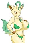  anthro anthrofied big_breasts bikini breasts brown_eyes canine chest_tuft eeveelution female fur hair huge_breasts leafeon looking_at_viewer mammal nintendo one_eye_closed plain_background pok&#233;mon pok&#233;morph pok&eacute;mon pussy smile solo swimsuit tuft video_games wink yellow_body 