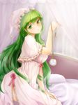  bed blush canopy_bed green_eyes green_hair hat highres kazami_yuuka kazami_yuuka_(pc-98) long_hair looking_at_viewer nightcap nightgown pajamas pocket_watch shironeko_yuuki sitting solo touhou touhou_(pc-98) watch 