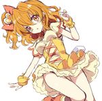  blonde_hair boots breasts brown_eyes choker cure_pine dress earrings fresh_precure! hair_ornament heart heart_hair_ornament jewelry long_hair magical_girl medium_breasts open_mouth orange_choker precure short_hair solo yamabuki_inori yukiwo 