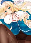  atago_(kantai_collection) black_gloves blonde_hair blue_eyes blush breasts gloves hat kantai_collection large_breasts long_hair looking_at_viewer lying military military_uniform on_back open_mouth panties panties_under_pantyhose pantyhose smile solo spread_legs thighband_pantyhose underwear uniform yu_yu 
