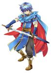  adusa blue_eyes blue_hair cape fire_emblem fire_emblem:_monshou_no_nazo gloves highres male_focus marth smile solo sword tiara weapon 