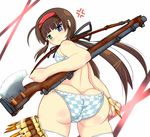  1girl ahoge anger_vein annoyed artist_request ass blue_eyes blush bra breasts brown_hair bullet bullets butt_crack green_eyes gun hair_ribbon hairband heterochromia huge_ass long_hair looking_at_viewer looking_down panties ribbon rifle ryobi_(senran_kagura) ryoubi_(senran_kagura) senran_kagura senran_kagura_(series) senran_kagura_shinovi_versus sideboob thighhighs triangle_mouth twintails underwear weapon 