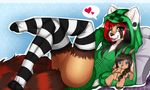  abstract_background bed black_hair brown_eyes brown_fur creeper cute ear_piercing female fluffy_tail fur gauged_ear gauges hair hoodie kammymau legwear lying mammal minecraft multi-colored_hair on_back piercing pillow plushie red_hair red_panda smile socks stockings video_games 