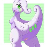  &lt;3 anthro anus breasts butt dragon female feral goo goodra green_background green_eyes happy hi_res nintendo nude open_mouth plain_background pok&#233;mon pok&eacute;mon presenting presenting_hindquarters presenting_pussy pussy runamon shadow shiny side_boob slug smile solo standing tongue video_games white_background white_eyes 