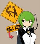  antennae arms_behind_back breasts brooch cape crotch_kick flat_color green_eyes green_hair jewelry medium_breasts short_hair sign simple_background solo space_jin sweatdrop tamakeri touhou wriggle_nightbug 