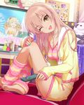  ;d alternate_hairstyle barefoot breasts cleavage controller corkboard crossed_legs eyelashes feet hair_down hood hoodie idolmaster idolmaster_cinderella_girls indoors jewelry jougasaki_mika jougasaki_rika jpeg_artifacts leg_warmers legs_folded lightning_bolt long_hair long_legs looking_at_viewer loungewear medium_breasts multicolored multicolored_nails multiple_girls nail_polish official_art one_eye_closed open_mouth pendant photo_(object) pink_hair remote_control room shorts siblings sisters sitting smile television toenail_polish tsurime yellow_eyes 