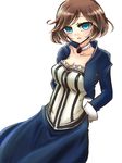  1girl aqua_eyes arms_behind_back bioshock bioshock_infinite blue_eyes blush breasts brown_hair choker cleavage coat dress elizabeth_(bioshock_infinite) female gem jewelry looking_at_viewer necklace short_hair solo strapless strapless_dress 