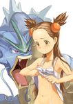  bow brown_eyes brown_hair collarbone dress dress_lift gen_1_pokemon geregere_(lantern) gyarados gym_leader hair_ornament highres long_hair mikan_(pokemon) navel no_bra out-of-frame_censoring pokemon pokemon_(creature) pout simple_background two_side_up wet wet_clothes white_background white_dress wringing_clothes 