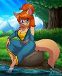  anthro barefoot blue_eyes blush breasts cat cleavage clothed clothing dress dust:_an_elysian_tail feline female fluffy_tail forest ginger ginger_(elysian_tail) hair mammal orange_hair river seththedragon sitting smile solo tree 
