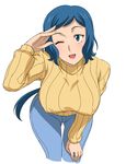  ;d aqua_eyes arm_support bangs bent_over blue_hair breasts covered_nipples cropped_legs denim gundam gundam_build_fighters hand_on_own_knee hanging_breasts iori_rinko jeans large_breasts leaning_forward lipstick long_hair long_sleeves looking_at_viewer low_ponytail makeup makino_tomoyasu mature one_eye_closed open_mouth pants parted_bangs ponytail ribbed_sweater salute simple_background smile solo sweater swept_bangs thigh_gap turtleneck very_long_hair white_background 