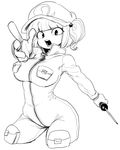  bodysuit breasts cropped_legs full-length_zipper greyscale hat jumpsuit kawashiro_nitori large_breasts monochrome pointing pointing_at_viewer pouch screwdriver short_hair short_twintails solo space_jin touhou twintails two_side_up zipper 