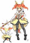  animal_ears black_legwear blush braixen dress elbow_gloves fox_ears full_body fur gem gen_6_pokemon gloves hand_on_hip highres looking_at_viewer magical_girl mary_janes north_abyssor pantyhose personification pokemon pokemon_(creature) red_eyes red_hair ribbon shoes simple_background sketch smile solo stick tail twintails wand white_background 