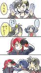  2boys :d backpack backwards_hat bag baseball_cap black_gloves black_hair blue_hair closed_mouth comic crystal_(pokemon) gloves gold_(pokemon) hand_up hat hk_(nt) long_sleeves looking_at_another low_twintails multiple_boys open_mouth palms pokemon pokemon_special red_hair silver_(pokemon) silver_eyes smile speech_bubble talking translated trolling turtleneck twintails yellow_eyes 