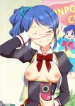  aikatsu! aikatsu!_(series) blue_eyes blue_hair breasts breasts_outside camera clearite covering_eyes dream_academy_uniform highres kiriya_aoi medium_breasts nipples open_clothes school_uniform scrunchie self_shot side_ponytail sidelocks solo 