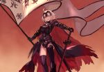  1girl ahoge armor armored_dress bangs black_dress breasts cape chains dress fate/grand_order fate_(series) flag floating fur-trimmed_cape fur_collar fur_trim gauntlets grin headpiece holding holding_flag holding_sword holding_weapon jeanne_d&#039;arc_(alter)_(fate) jeanne_d&#039;arc_(fate)_(all) jeanne_d'arc_(alter)_(fate) jeanne_d'arc_(fate)_(all) large_breasts peroncho sheath short_hair silver_hair simple_background smile sword thighhighs weapon yellow_eyes 