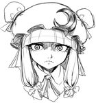  bow crescent eyelashes face greyscale hair_bow hat monochrome patchouli_knowledge sketch solo space_jin touhou 