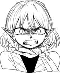  angry clenched_teeth face greyscale mizuhashi_parsee monochrome pointy_ears scarf scowl sharp_teeth short_hair sketch solo space_jin tears teeth touhou 