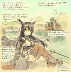  black_hair brown_eyes cityscape dated ground_vehicle hiroshima_peace_memorial kantai_collection kirisawa_juuzou long_hair looking_at_viewer mixed_media nagato_(kantai_collection) numbered pleated_skirt skirt solo thighhighs traditional_media train translated twitter_username zettai_ryouiki 