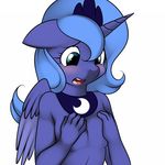  anthro anthrofied blue_eyes blue_fur blue_hair blush breasts covering crown cub equine female friendship_is_magic fur hair horn horse kloudmutt kloumdutt looking_down mammal moon my_little_pony necklace nude open_mouth plain_background pony princess_luna_(mlp) small_breasts solo teeth tongue white_background winged_unicorn wings young 