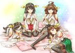  abo_(hechouchou) ahoge black_legwear blue_eyes brown_eyes brown_hair commentary detached_sleeves glasses hair_ornament haruna_(kantai_collection) hiei_(kantai_collection) highres japanese_clothes kantai_collection kirishima_(kantai_collection) kongou_(kantai_collection) lap_pillow long_sleeves looking_at_viewer lying multiple_girls nontraditional_miko on_side on_stomach one_eye_closed open_mouth pantyhose pillow shirt sitting skirt smile thighhighs wariza zettai_ryouiki 
