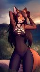  2023 absurd_res anthro breasts brown_hair canid canine clothed clothing day detailed_background digital_media_(artwork) eyebrows eyelashes female fox hair hi_res kunstwaffe looking_at_viewer mammal outside sky smile solo 